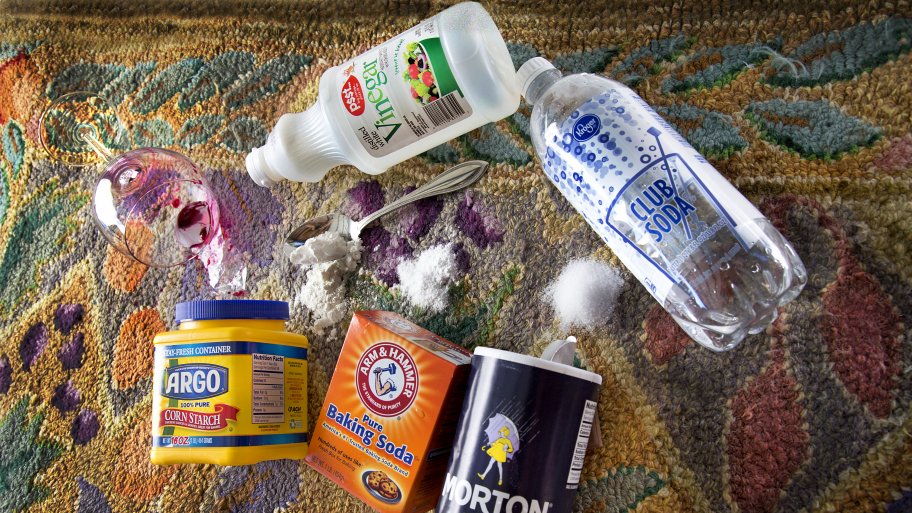 natural cleaning supplies: corn starch, baking soda, salt, club soda, white vinegar